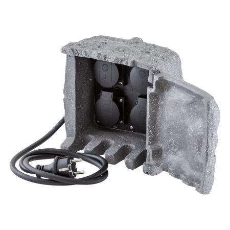 EVN 230415 4-fach Energieverteiler aus Polyresin in Steinoptik IP44 230 V mit 5 m Anschlussleitung und 4 Steckdosen
