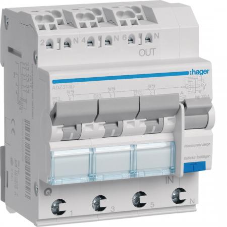 Hager FI-LS 3X 1P+N 6kA B-13A 30mA Typ A QC
