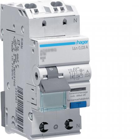 Hager Fehlerstrom-Leitungsschutzschalter, FI/LS-Schalter, 1P+N 6kA B-13A 30mA Ty