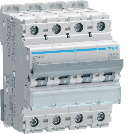 Hager LS-Schalter 4 polig 10kA/15kA C-6A 4M