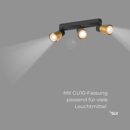 SLV 1008329 PURI 2.0 Dome, Wand- und Deckenaufbauleuchte, long, 3 x max. 6 W GU10, schwarz / gold