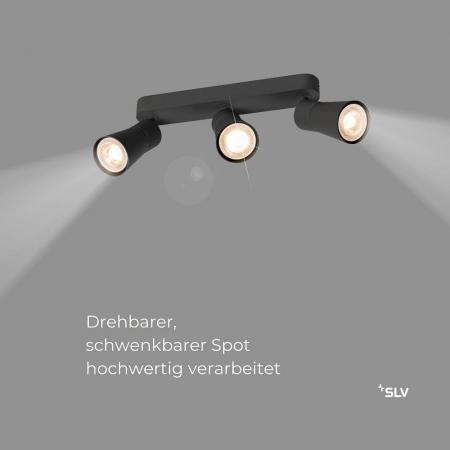 SLV 1008324 PURI 2.0 Cone, Wand- und Deckenaufbauleuchte, long, 3 x max. 6 W GU10, schwarz