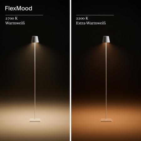 Sigor Akku-Stehleuchte Nuindie 1200mm silberfarben  rund 2,2W FlexMood 2200K/2700K IP54 168/197lm Ra85
