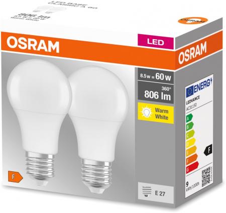 2er-Pack Osram LED E27 Leuchtmittel mattiert warmweißes Licht 8W wie 60 Watt blendreduziert