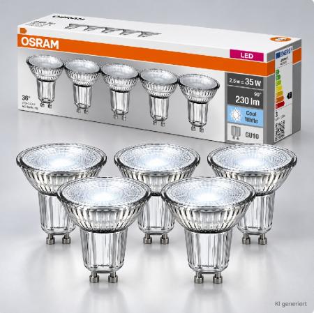 5er-PACK OSRAM LED GU10 Strahler PAR16 2,6W wie 35W neutralweisses Licht mit schmalem Lichtkegel 36° GLAS