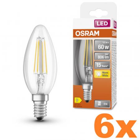 6er Vorteilspack  OSRAM E14 LED STAR FILAMENT Kerze klar 5,5W wie 60W warmweiß für Kronleucher und schmale Leuchten