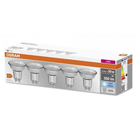 5er-PACK OSRAM LED Base PAR16 GU10 Strahler 4.3W=50W 36° neutralweiss GLAS