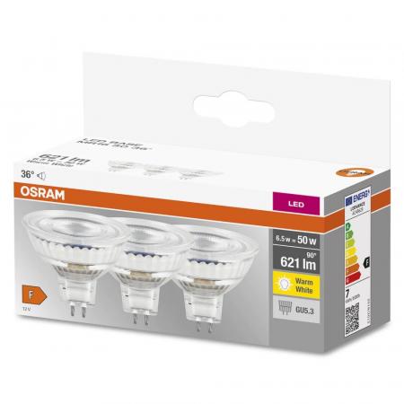 3er Pack Osram GU5.3 LED Niedervolt Reflektor Stecksockel Lampe MR16 36° 6,5W wie 50W warmweiß 2700K