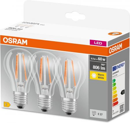 3er PACK OSRAM LED Base Classic A 60 Filament 7W wie 60W 806lm 2700K Warmweiß 300° E27 klar