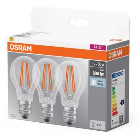 3er-Pack OSRAM LED Base Classic A 60 Filament 6,5W wie 60W 806lm 4000K Neutralweiß 300° E27 klar