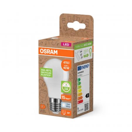 Osram E27 LED Lampe Star Classic A 40 Recycled Plastic 4.9W wie 40W 4000K neutralweißes Licht - weiß mattierte Glühbirne