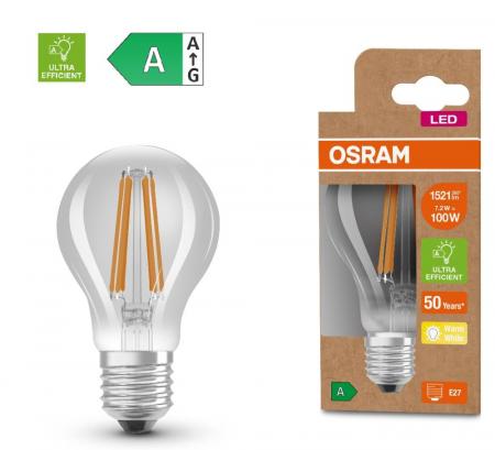 OSRAM E27 besonders effizientes  LED Leuchtmittel leistungsstark 7,2W wie 100W 3000K warmweißes Licht - beste Energie Effizienz Klasse