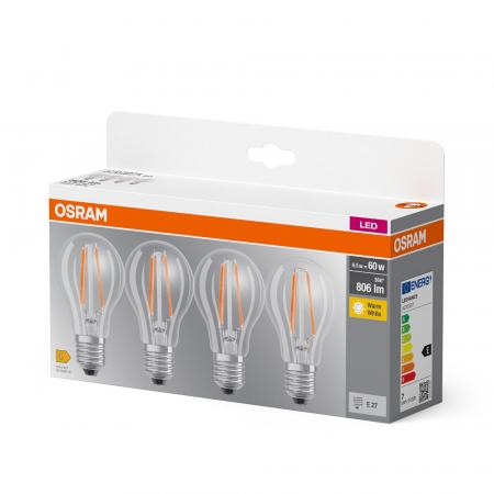 4er-Pack Osram E27 LED Lampen in Glühlampenform klar 6,5W wie 60W 2700K warmweißes Licht