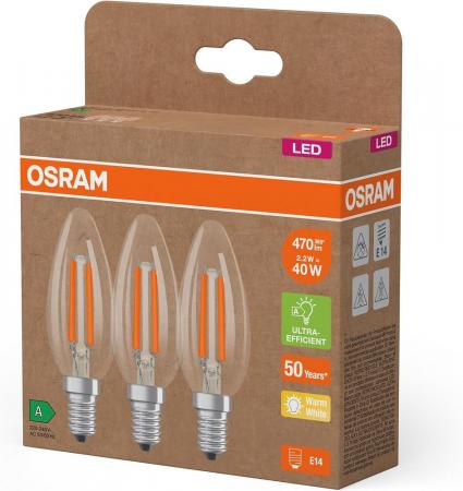 30er Set Osram E14 LED Kerzenlampe CLASSIC besonders effizient klar 2,2W wie 40W 2700K warmweißes Licht - Sehr gute Energieeffizienz - XXXL-Sparpack