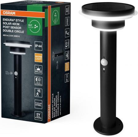 40cm Osram ENDURA STYLE Post Wegeleuchte 6W mit Sensor & Solar - geeignet für Eingänge und Terrassen