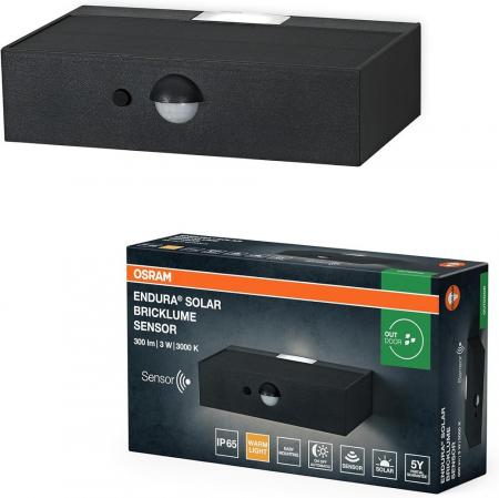 OSRAM ENDURA Style Solar Bricklume Sensor LED-Außenwandleuchte 3 W, 300 lm, 3000 K, Bewegungsmelder, Tageslichtsensor, IP65, Dunkelgrau