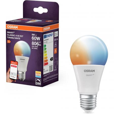 OSRAM SMART+ ZIGBEE Tunable White Classic A60 9W wie 60W, 806lm, 2700–6500K Warmweiß bis Kaltweiß, E27, 200°, dimmbar