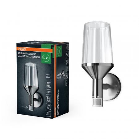 OSRAM ENDURA CLASSIC CALICE WALL E27 Sensor Wandleuchte Outdoor - in moderner Edelstahloptik mit Glasdiffusor, für Auffahrt- und Wegbeleuchtung