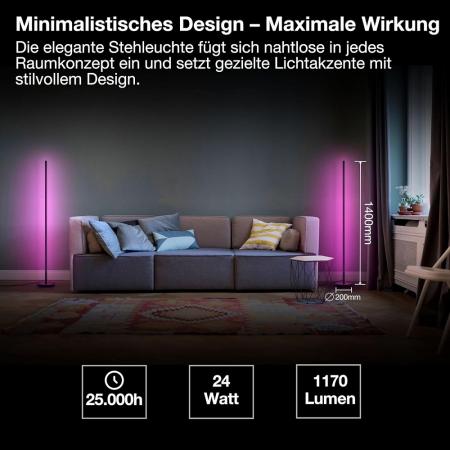 140cm OSRAM WiFi Smart+ Schlanke LED Stehleuchte Corner mit RGBW & Fernbedienung in Schwarz - DIY- & Musikrhythmusfunktion