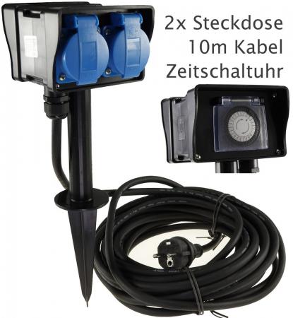 ChiliTec Gartensteckdose mit Erdspieß, 2-fach IP44, 10m Kabel, Zeitschaltuhr