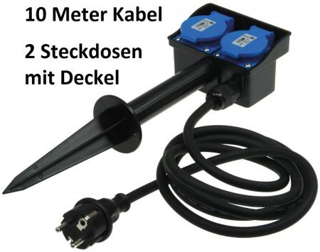 ChiliTec Gartensteckdose mit Erdspieß, 2-fach IP44, 10m Kabel