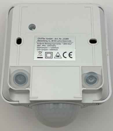 ChiliTec 23568 Aufputz-Bewegungsmelder 360° IP65, 12m Reichweite, Wand & Decke, 230V, LED 3–600W, weiß