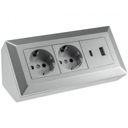 ChiliTec 2-fach Steckdosenblock, USB-A+C, silber 250V~/ 16A, Aufbaumontage, USB 3,1A, PD