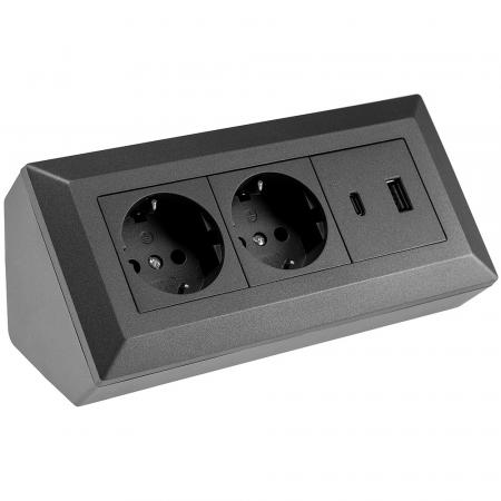 ChiliTec 2-fach Steckdosenblock, USB-A+C, anthraz 250V~/ 16A, Aufbaumontage, USB 3,1A, PD