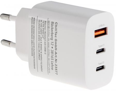 ChiliTec Stecker-Netzteil mit USB-C "CTN-PD65 a3" In 100-240V~, Out 5,0V/9,0V/12,0V=, 65W