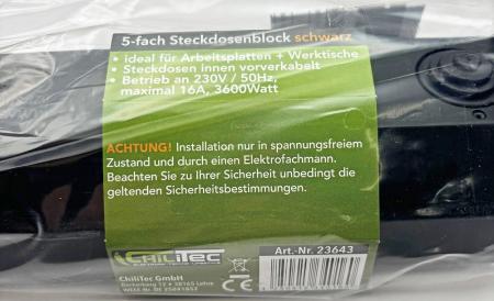 ChiliTec 5-fach Steckdosenblock, schwarz 250V~/ 16A, Aufbaumontage