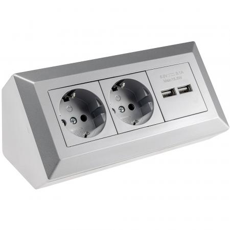 ChiliTec 2-fach Steckdosenblock + 2x USB, silber 250V~/ 16A, Aufbaumontage, USB 3,1A