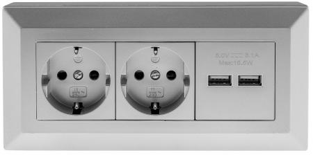 ChiliTec 2-fach Steckdosenblock + 2x USB, silber 250V~/ 16A, Aufbaumontage, USB 3,1A