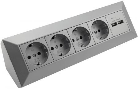 ChiliTec 4-fach Steckdosenblock + 2x USB, silber 250V~/ 16A, Aufbaumontage, USB 3,1A