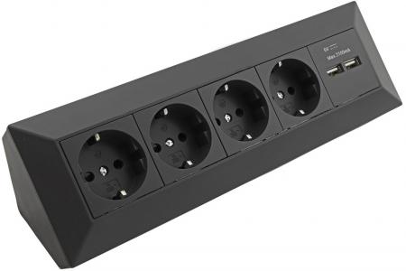 ChiliTec 4-fach Steckdosenblock + 2x USB, schwarz 250V~/ 16A, Aufbaumontage, USB 3,1A