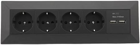ChiliTec 4-fach Steckdosenblock + 2x USB, schwarz 250V~/ 16A, Aufbaumontage, USB 3,1A
