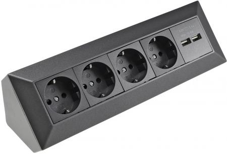 ChiliTec 4-fach Steckdosenblock+2x USB, anthrazit 250V~/ 16A, Aufbaumontage, USB 3,1A