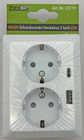 ChiliTec MILOS Schutzkontakt-Steckdose 2-fach 250V~/ 16A, 1x UP, USB A+C/PD, weiß matt