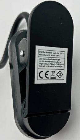 ChiliTec LED Akku-Leseleuchte / Klemmleuchte 18cm Schwanenhals, dimmbar, 25lm