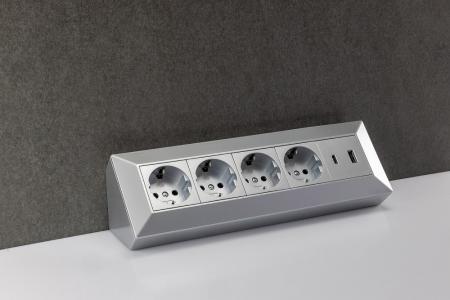 ChiliTec 4-fach Steckdosenblock, USB-A+C, silber 250V~/ 16A, Aufbaumontage, USB 3,1A, PD