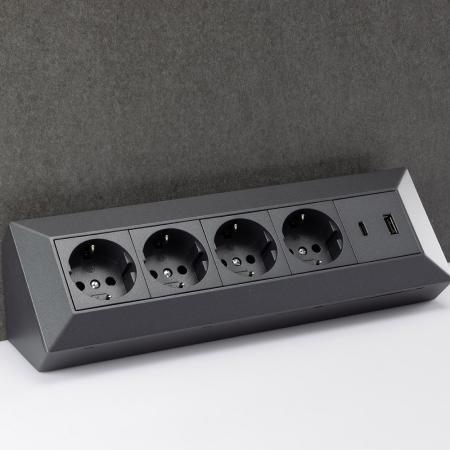 ChiliTec 4-fach Steckdosenblock, USB-A+C, anthrazit 250V~/ 16A, Aufbaumontage, USB 3,1A, PD