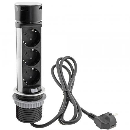 ChiliTec Schreibtisch-Einbausteckdose, rund Mini versenkbar, Edelstahl, 3x Steckd,USB A+C