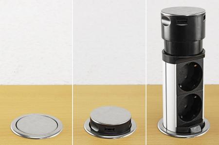 ChiliTec Schreibtisch-Einbausteckdose, rund Mini versenkbar, Edelstahl, 3x Steckd,USB A+C