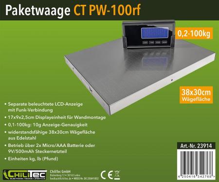 ChiliTec Paketwaage / Versandwaage "CT PW-100rf" 0,1-100kg, ±10g,38x30cm Edelstahl Platte