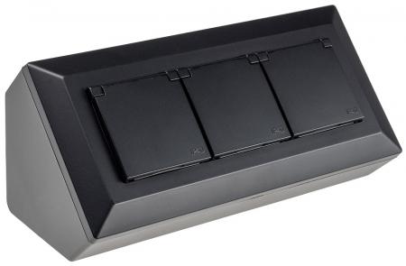ChiliTec 3-fach Steckdosenblock, schwarz 250V~/ 16A, Aufbaumontage mit Klappen