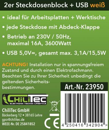 ChiliTec 2-fach Steckdosenblock, USB-A+C, weiß 250V~/ 16A, USB 3,1A, PD, mit Klappen