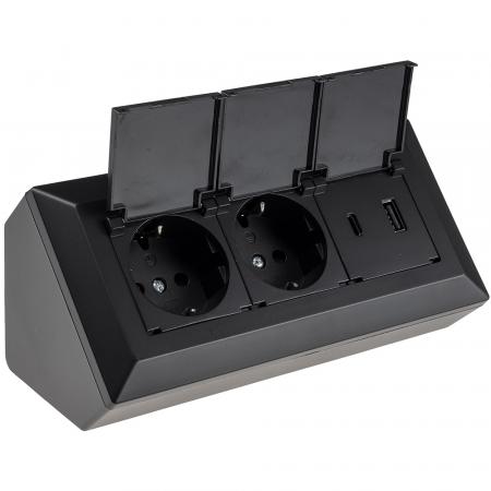 ChiliTec 2-fach Steckdosenblock, USB-A+C, schwarz 250V~/ 16A, USB 3,1A, PD, mit Klappen