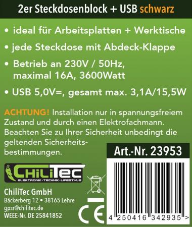 ChiliTec 2-fach Steckdosenblock, USB-A+C, schwarz 250V~/ 16A, USB 3,1A, PD, mit Klappen