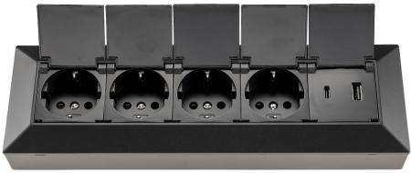 ChiliTec 4-fach Steckdosenblock, USB-A+C, schwarz 250V~/ 16A, USB 3,1A, PD, mit Klappen