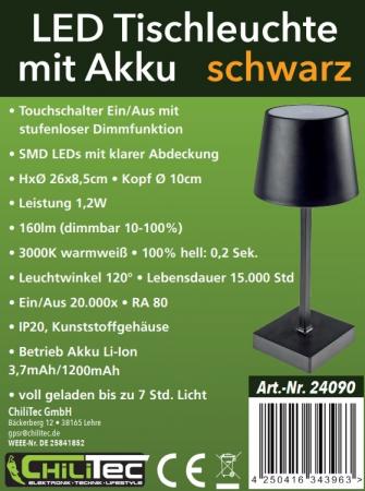 ChiliTec 24090 LED Akku Tischleuchte 1,2W 160lm 3000K Warmweiß, Touch-Dimmer, USB-C, 26cm, Schwarz