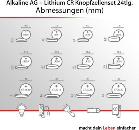 Areas Knopfzellen-Sortiment 24 teilig 8 versch. AG + 4 versch. CR-Knopfzellen